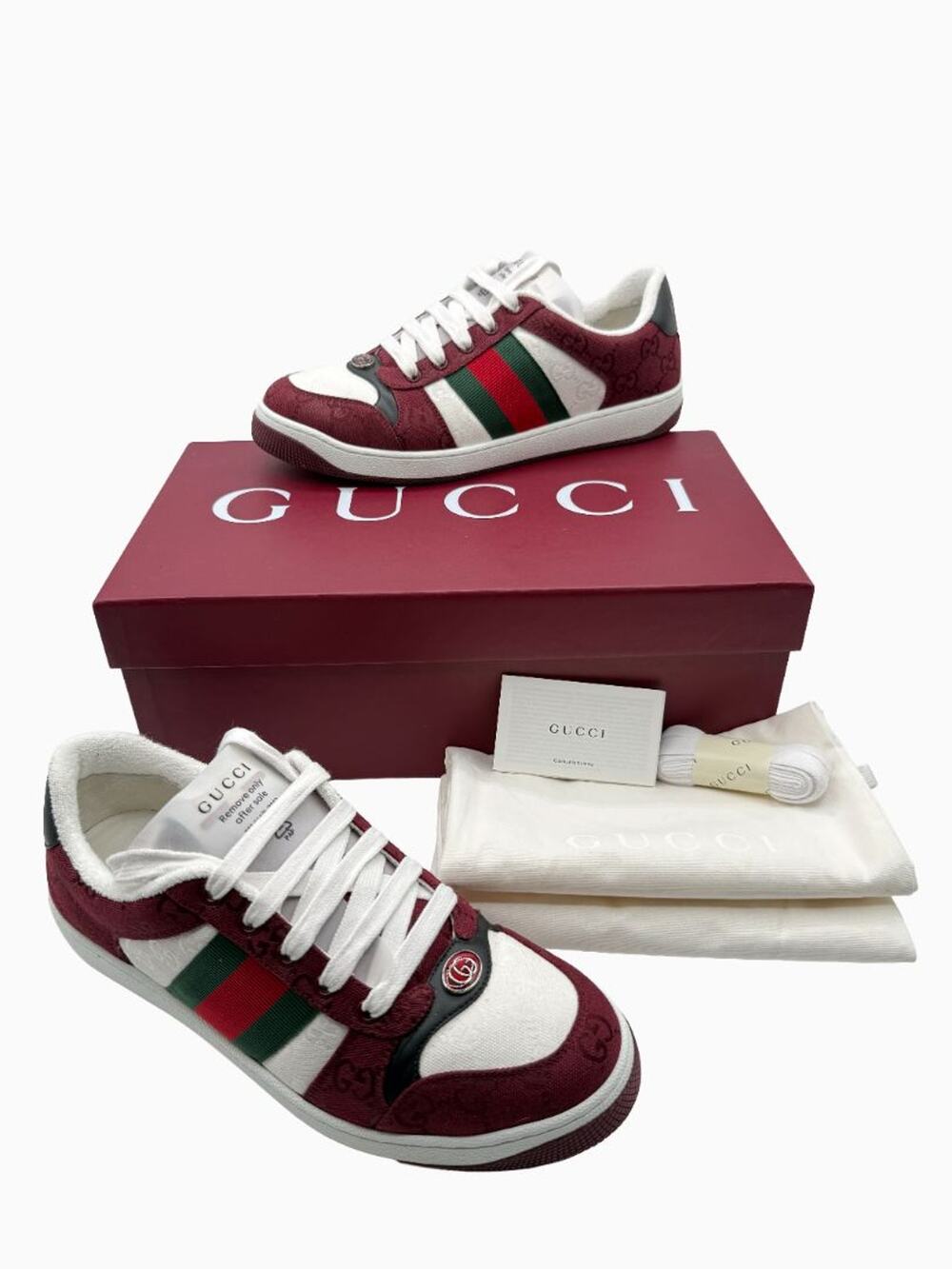 Gucci Mens GG Monogram Web Stripe Low Top Sneakers Burgundy Ivory Size 8 Italy